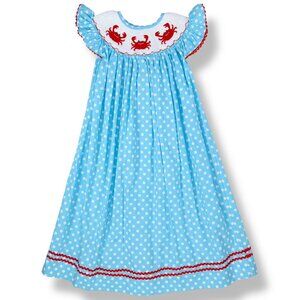 Girls Blue Polka Dot Crab Embroidered Flutter Sleeve Smocked Dress 5